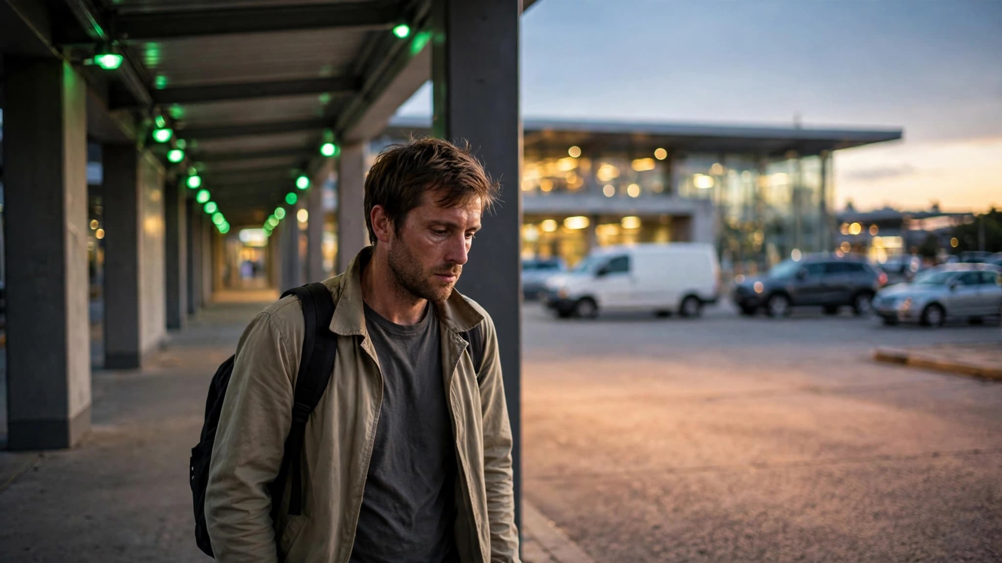 Passenger walking from a covered walkway toward a Sydney Domestic airport pickup zone under green lights at dusk
