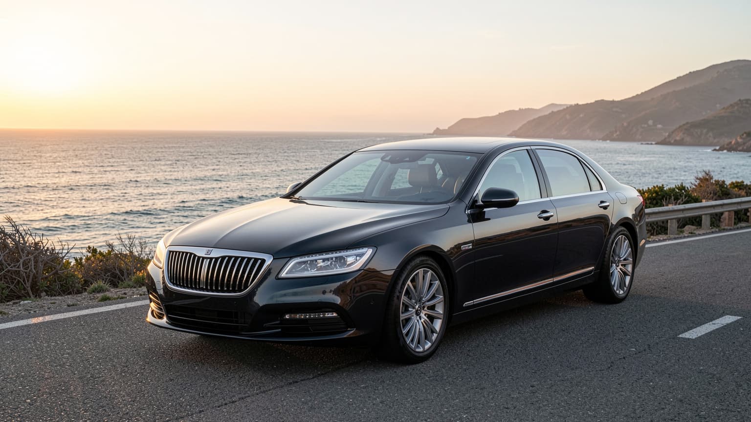Executive private sedan parked along the Avalon coast at sunrise for Sydney airport transfers
