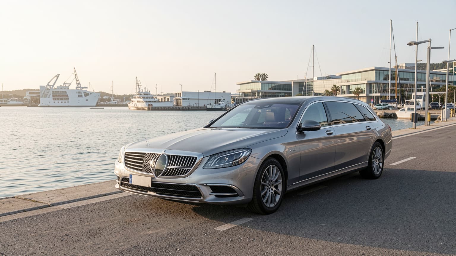 Executive vehicle parked at a harbour port for cruise terminal transfers in morning light.
