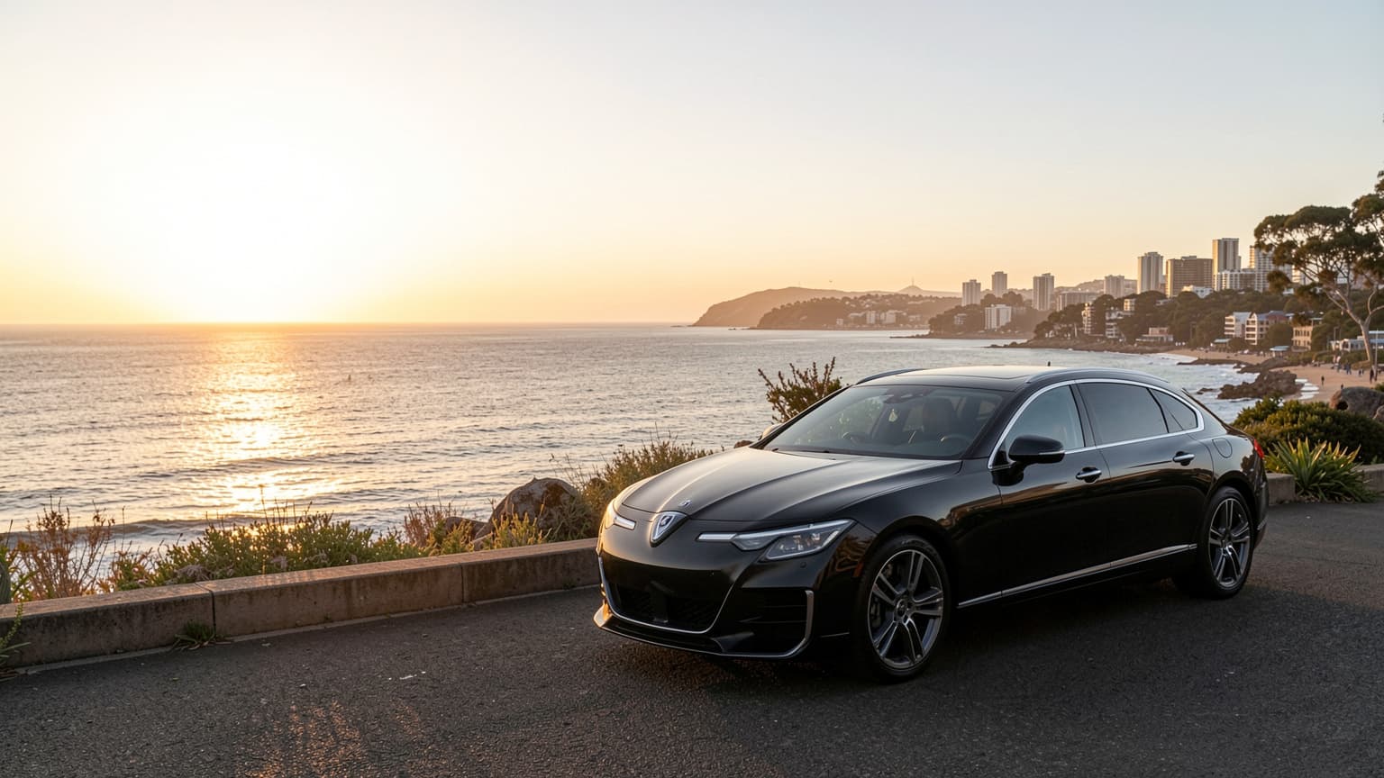 Private driver in Sydney parked along the Northern Beaches coastline at sunrise