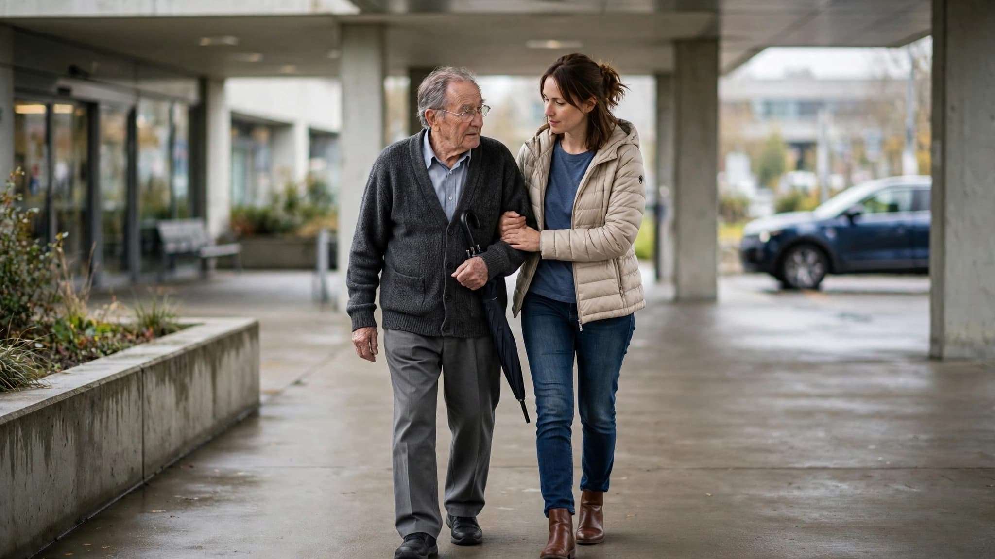 Adult daughter helping her elderly father walk across a hospital forecourt toward a waiting car, medical appointment transpor